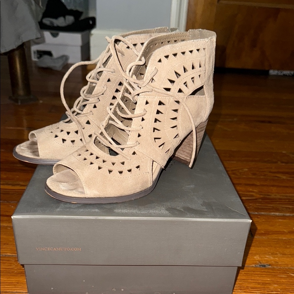Vince Camuto Tan Peep-Toe Heels with Lace-Up Design